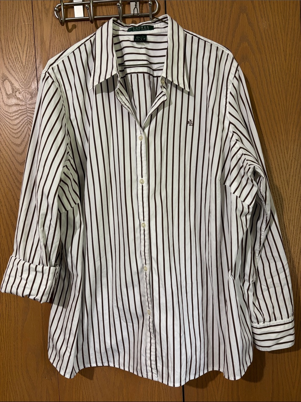 Lauren Ralph Lauren White Shirt with Brown Stripes Womens 2X cotton